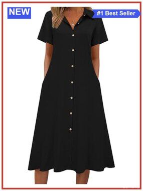 Zeagoo Women's Button Down A-Line Midi Dress, Casual Short Sleeve Sundress,